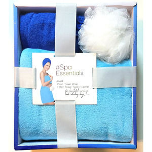 SPA ESSENTIALS Blue 3 Piece SET Towel Wrap Hair Towel Twist Loofah Gift Box NWT